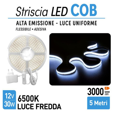 KIT LED STRIP COB 5m 320LEDs/m 30W 3000Lm 12V LUCE FREDDA